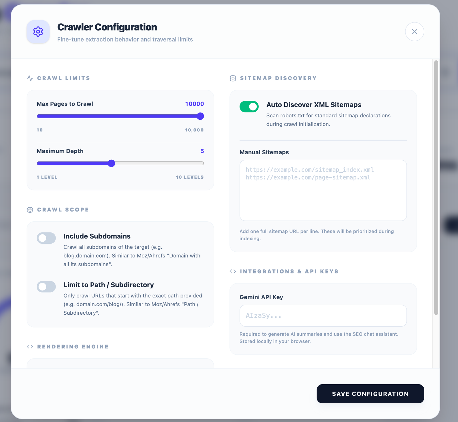 Alpha Crawler crawl configuration panel with max pages, crawl depth, subdomain scope, XML sitemap discovery and Gemini API key settings