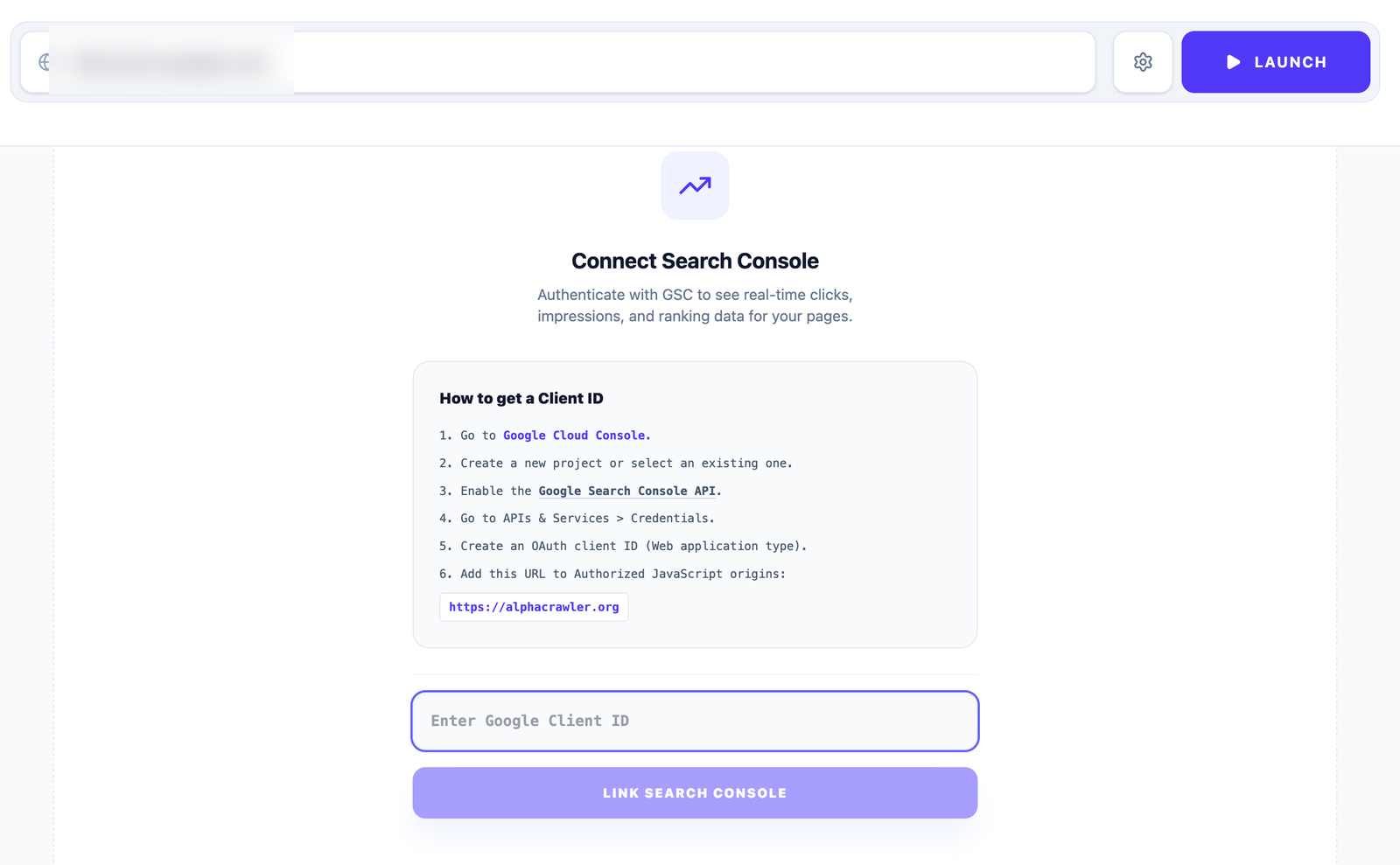 Connect Google Search Console screen with step-by-step OAuth client ID instructions and Link Search Console button